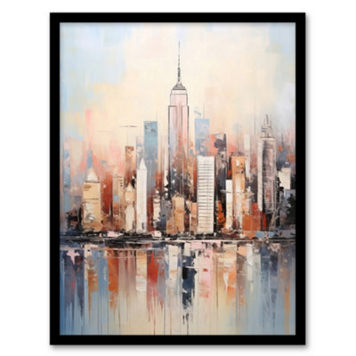 Artery8 Manhattan Skyscraper Reflections Oil Painting By M Hinge Thick Oils Subtle Pastel Colours Wall Art PrintA4 Size from B&Q