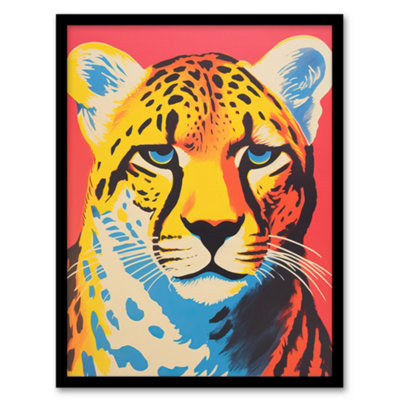 Artery8 Modern Cheetah Duotone Coral Yellow Orange Bright Risograph Artwork Painting Wall Art PrintA4 Size from B&Q