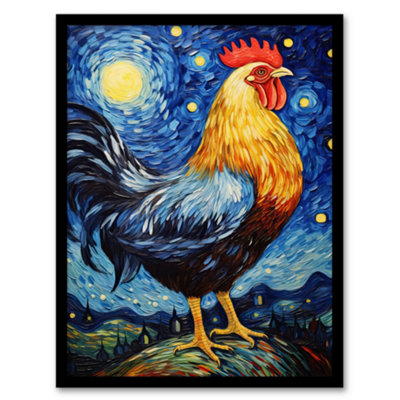 Artery8 Waiting For The Dawn Rooster Cockerel In Van Gogh Starry Night Style Wall Art PrintA4 Size from B&Q