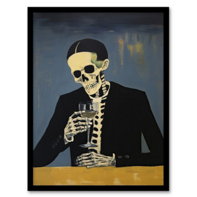 B&Q -  Drowning My Sorrows By Ryan Ramirez Skeleton Bones Halloween Artwork Painting Wall Art PrintA4 Size