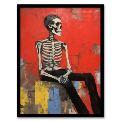 B&Q -  The Thinker By Ryan Ramirez Posed Skeleton Oil Painting Portrait Bones Red Halloween Wall Art PrintA4 Size