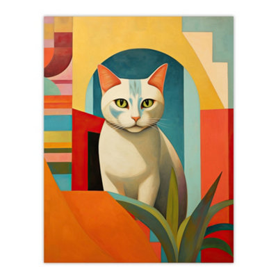 Artery8 Unframed Wall Art Abstract Cubist Cat And Plant Feline Geometric Contemporary12X16 Inch from B&Q