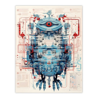 Artery8 Unframed Wall Art Bird Robot Hybrid Schematic Blue Futuristic Secret Spy Cam Complex Arcane Manuscript12X16 Inch from B&Q