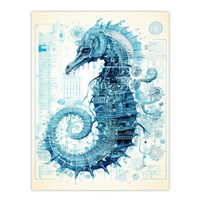 Artery8 Unframed Wall Art Seahorse Robot Hybrid Schematic Blue Futuristic Secret Complex Arcane Manuscript12X16 Inch from B&Q