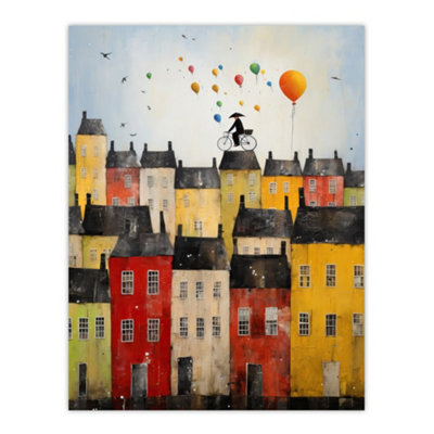 Artery8 Unframed Wall Art Cycling The Rooftops Celebration Whimsical Fun Townscape Artwork Painting12X16 Inch from B&Q