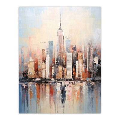 Artery8 Unframed Wall Art Manhattan Skyscraper Reflections Painting By M Hinge Thick Oils Subtle Pastel Colours12X16 Inch from B&Q