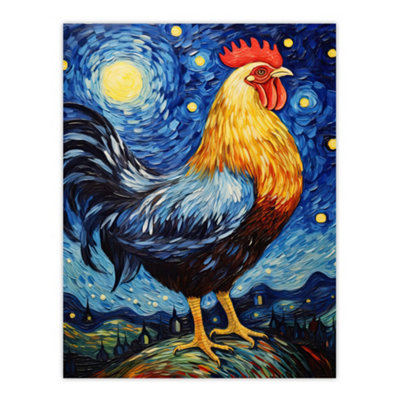 Artery8 Unframed Wall Art Waiting For The Dawn Rooster Cockerel In Van Gogh Starry Night Style12X16 Inch from B&Q
