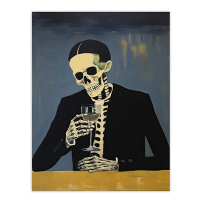 B&Q -  Unframed Wall Art Drowning My Sorrows By Ryan Ramirez Skeleton Bones Halloween Artwork Painting12X16 Inch