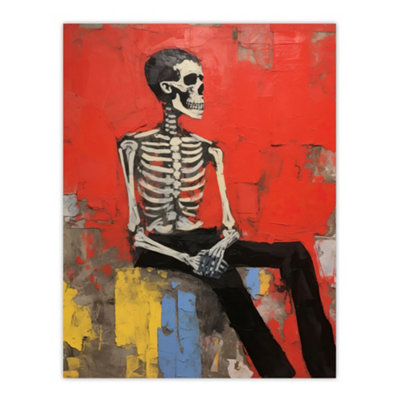 B&Q -  Unframed Wall Art The Thinker By Ryan Ramirez Posed Skeleton Painting Portrait Bones Red Halloween12X16 Inch