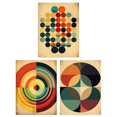 B&Q -  Wall Art Print Set Of 3 Bauhaus Mid Century Modern Abstract Geometric Concentric Circles Aesthetic Living Room