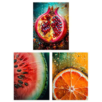 B&Q -  Wall Art Print Set Of 3 Fruit Paintings Study Orange Pomegranate Watermelon