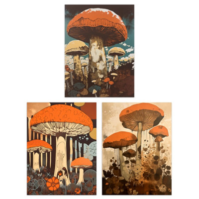 Artery8 Wall Art Print Set Of 3 Earthy Orange Mushrooms Ceps Wild Edible Fungi Botanical Aesthetic from B&Q