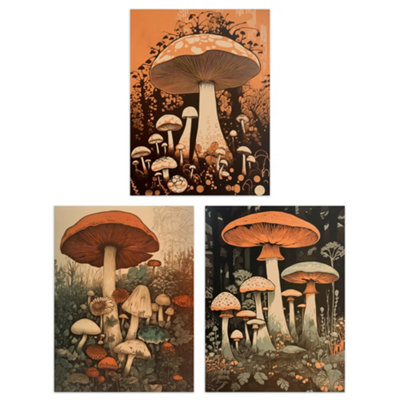 Artery8 Wall Art Print Set Of 3 Botanical Fungi Mushroom Paintings Earthy Flora Fauna Nature Living Room Poster Pack from B&Q