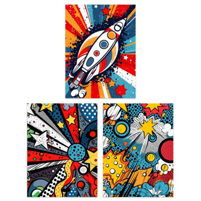 Artery8 Wall Art Print Set Of 3 Space Pop Art Comic Book Style Artwork Planet Stars And Rocket Kids Bedroom Living Room from B&Q