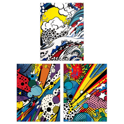 Artery8 Wall Art Print Set Of 3 Abstract Pop Vibrant Artworks Comic Book Style Splash Bang Crash from B&Q