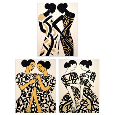 Artery8 Wall Art Print Set Of 3 Women Together Matisse Style Abstract Paintings Black And Beige Figures Living Room Poster Pack from B&Q