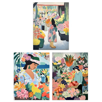 B&Q -  Wall Art Print Set Of 3 The Flower Stall Danish Pastel Aesthetic Matisse Style Soft Calm