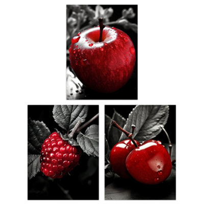 B&Q -  Wall Art Print Set Of 3 Red Apple Raspberry Cherry On Black And White Photograph Kitchen Art