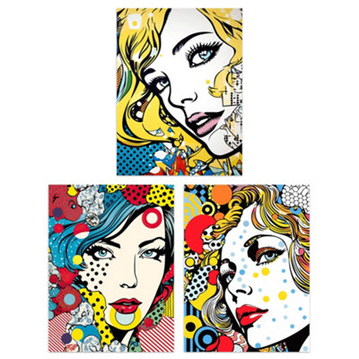 Artery8 Wall Art Print Set Of 3 Pop Art Women Faces Artworks Comic Book Style Portraits With Patterns from B&Q