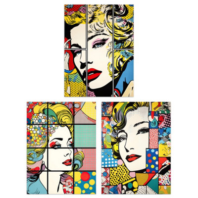 Artery8 Wall Art Print Set Of 3 Comic Book Strip Pop Artworks Women Face Portraits With Patterns Living Room Poster Pack from B&Q