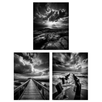 Artery8 Wall Art Print Set Of 3 Atmospheric Clouds Black And White Photographs Dramatic Coastal Landscapes Living Room from B&Q