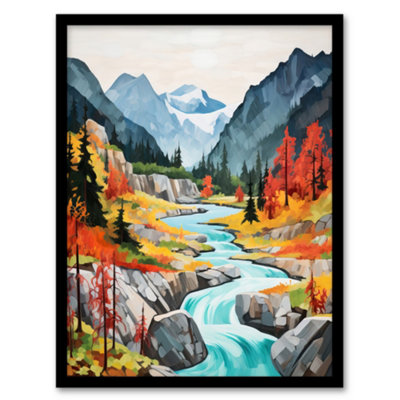 B&Q -  Jiuzhaigou Valley Acrylic Painting China Biosphere Reserve With Forest Mountains And Streams Wall Art PrintA4 Size