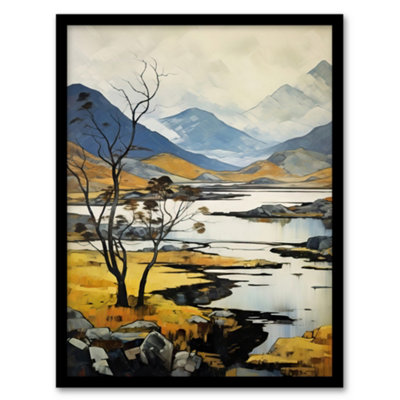Artery8 Scottish Highlands In Autumn Oil Painting Ochre Blue Misty Mountains And Serene Lake Wall Art PrintA4 Size from B&Q