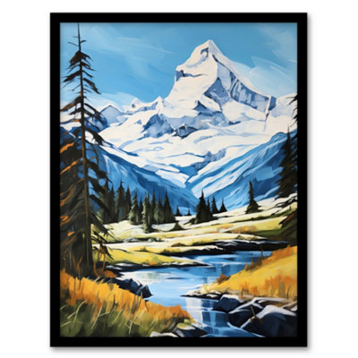 Artery8 Swiss Alps Oil Painting Switzerland Snow Capped Peaks And River In Idyllic Alpine Meadow Wall Art PrintA4 Size from B&Q