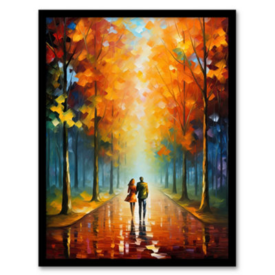 Artery8 Lovers Walk Oil Painting Pallet Couple Taking Stroll Through Park In Autumn Wall Art PrintA4 Size from B&Q