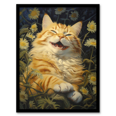 Artery8 Contented Grinning Ginger Cat Wildflower Meadow Oil Painting Wall Art PrintA4 Size from B&Q