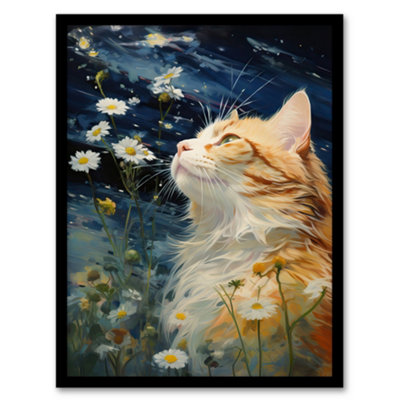 Artery8 Moonlit Cat In Daisy Meadow Norwegian Forest Cat Oil Painting Wall Art PrintA4 Size from B&Q