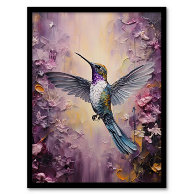 Artery8 Hummingbird In An Abstract Lavender Flower Field Bright Oil Painting Wall Art PrintA4 Size from B&Q