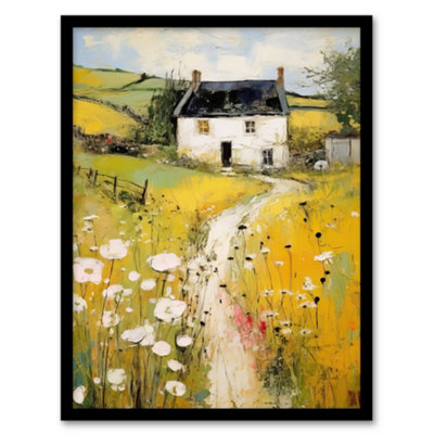 B&Q -  Welsh Countryside Cottage Rolling Hills And Wildflowers Bright Oil Painting Wall Art PrintA4 Size
