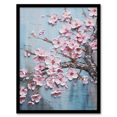 Artery8 Cherry Blossom Splendor Delicate Elegant Pink And Soft Blue Oil Painting Wall Art PrintA4 Size from B&Q