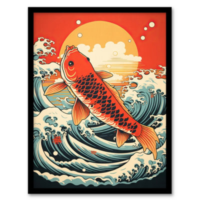 Artery8 Japan Koi Carp Fish Leaping From The Sea At Sunset Great Wave Off Goldfish Wall Art PrintA4 Size from B&Q