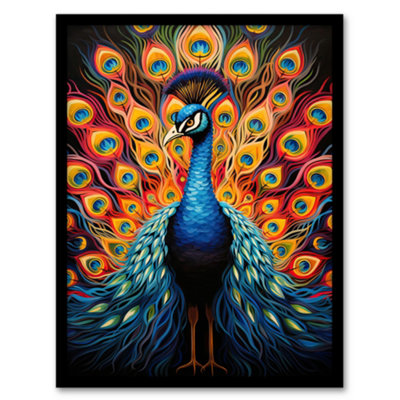 Artery8 Peacock Bird With Bright Vivid Feathers Yellow Red Blue Bold Portrait Wall Art PrintA4 Size from B&Q