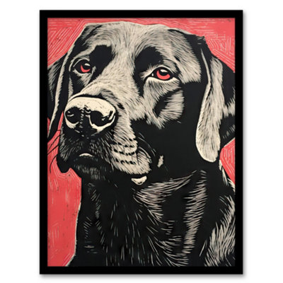 Artery8 Black Lab Labrador Dog Portrait On Coral Backdrop Lino Risograph Riso Wall Art PrintA4 Size from B&Q