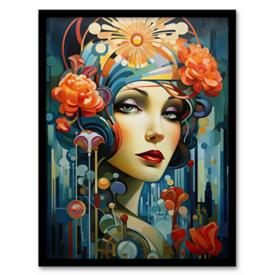 Artery8 Metropolis Art Deco Woman Portrait With Flowers Artwork Bold Bright Wall Art PrintA4 Size from B&Q