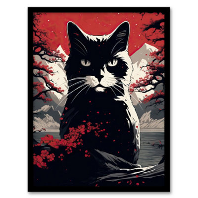 Artery8 Ukiyo Japan Black Cat Red Black White Modern Artwork Painting Wall Art PrintA4 Size from B&Q