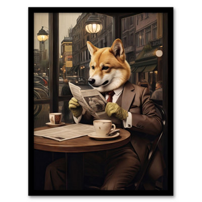 Artery8 Shiba Inu Coffee Shop Cafe Reading Newspaper Formal Dress Wall Art PrintA4 Size from B&Q