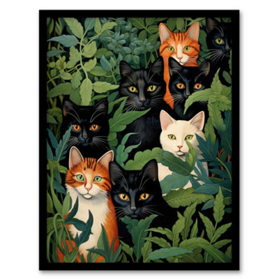 Artery8 5 Black Cats By Julia Davidson Quirky Black Ginger White Cat Group In Green Botanicals Wall Art PrintA4 Size from B&Q