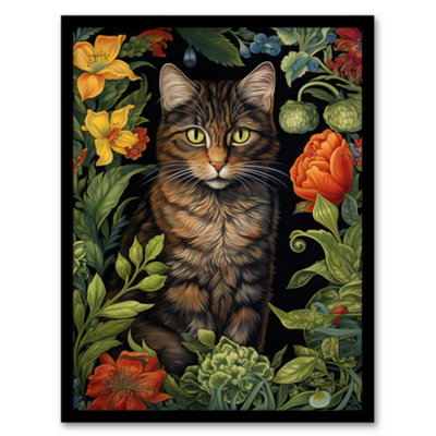 Artery8 Herbaceous Henry The Garden Tabby Cat Stylish Floral Flower Design Wall Art PrintA4 Size from B&Q