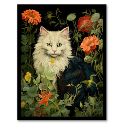 B&Q -  Stylish Black And White Cat Flowers Green Floral Design Peony Wall Art PrintA4 Size