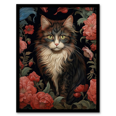 B&Q -  Stylish Maine Cat In Pink Flower Garden Floral Design Wall Art PrintA4 Size