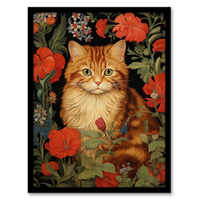B&Q -  Stylish Ginger Striped Kitten Cat Red Amidst The Flowers Floral Design Wall Art PrintA4 Size
