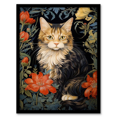 Artery8 Stylish Maine Cat Flowers Floral Design William Morris Style Wall Art PrintA4 Size