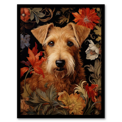Artery8 Golden Sealyham Terrier Dog On Elegant Floral Backdrop William Morris Style Pattern Wall Art PrintA4 Size