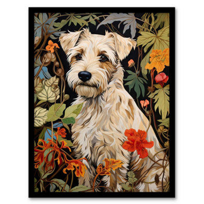 Artery8 White Cream Border Terrier On Elegant Floral Backdrop William Morris Style Jungle Flowers Wall Art PrintA4 Size