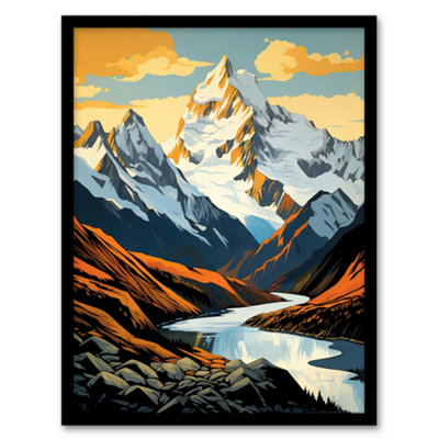 Artery8 Framed Wall Art Aoraki Mount Cook Artwork National Park New Zealand Snow Peaked Mountain Cloud Piercer12X16 Inch