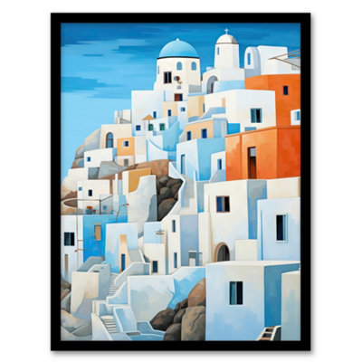 Artery8 Framed Wall Art Santorini Greece Watercolour Painting Whitewashed Buildings Of Greek Island In Aegean Sea12X16 Inch from B&Q